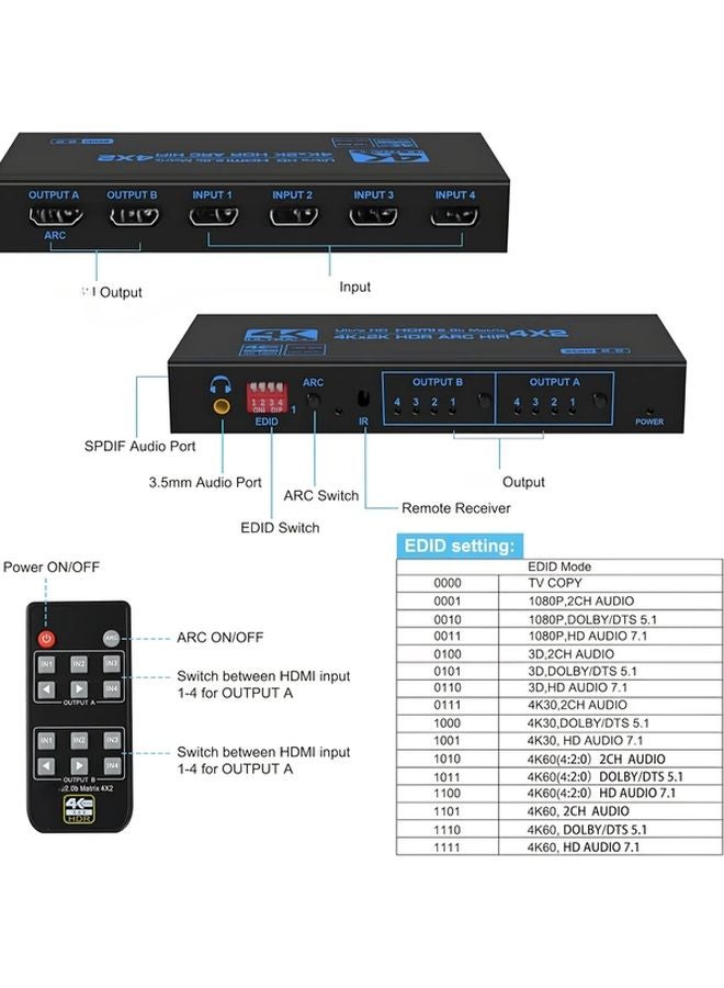 J2 1 4K 60Hz HDTV Matrix Switch 4x2 With ARC Optical Audio Stereo Scaler Remote - Image 2